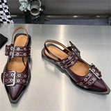 High Quality Women Sandals Pointed Toe Belt Buckle Flat Leather Femme Shoes Fashion Thick Bottom Sandals Designer