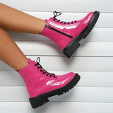 2023 Fashion Pink Motorcycle Boots Women Pu Leather Platform Ankle Boots Woman Autumn Winter Plus Size Lace Up