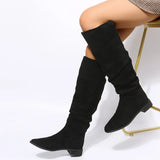 Pleated Boots Women Black Nude Faux Suede Flock Knee High Boot Ladies Flat Autumn Winter Dress Shoe 43 Solid Slip on