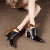 AutumnWomen Ankle Boots Black Chunky High Heel 7CM Color Matching Buckle Bota Back Zip Casual Female PU Learther Botines