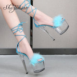 Women's Sandals 2023 Summer Fashion Ankle Cross Strap Fur High Heels Clear Waterproof Platform Female Steel Tube