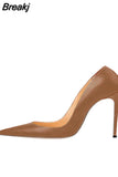 brown pumps PU leather 12cm high heeled shoes women fashion ladies sexy pointed toe plus size 45 YG001