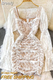 Spring Sexy Floral Lace Mini Party Dress Women Sweet Square Collar Hollow Out Flare Sleeve Empire Ruched Bodycon Club