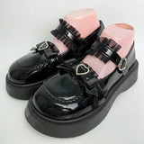 Sweet Lace Bowknot Lolita Shoes Women Heart Buckle Patent Leather Mary Janes Woman 2024 Round Toe Platform Flats