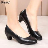 Genuine Leather shoes Women Round Toe Pumps Sapato feminino High Heels Shallow Fashion Black Work Shoe Plus Size