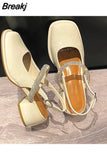 Womens Shoes 2023 Beige Heeled Sandals Square Toe Med Mary Jane Buckle Strap Luxury Comfort Black High Rhinestone