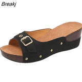 New Summer Fashion Women Slippers Fish Mouth Belt Buckle Rivet Wedge Sandals Outdoor Sports Beach Height Increase