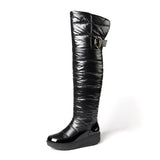 Women Snow Boots 2023 Winter Black Over the Knee Booties Warm Waterproof Cloth Padded Cotton Wedges Thick Plush Platform