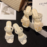 New Fashion Summer Shoes Women Daily Party Club Pearls Beaded Rhinestone Bowknot Design Chunky Heel Sandals Sandalias
