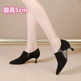 Woman Spring Autumn Rhinestone Shoes Fashion Women Pumps Pointed Toe Side Zip Black Suede Boots 2023 Flock Mid Heels