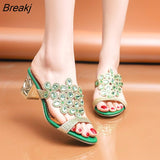 Women Summer Fashion Rhinestone Slipper Sexy Hollow Out Chunky High Heels Sandals Crystal Party Shoes Woman Flip