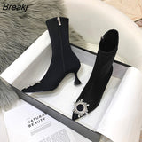 Women Ankle boots Autumn Spring Black Comfortable Slip On Soild Triangle Heeled Office Lady Shoes High heels Sock
