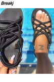 Womens Summer New 2023 Beach Fashion Sexy Flat Casual Cross Tie Open Toe Dress Fairy Black Roman Sandals Womens