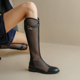 Summer Thick Heel Round Head Flat Bottom Thin Breathable Mesh Hollow Cool Boots Genuine Leather High Barrel Women's