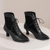 Women Victorian Pointed Toe Ankle Boot Fashion Leather Lace Up Spliced Ladies High Heel Shoe Women Short Boot Plus Size48