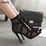 Women Ankle Boots Sexy High Heels Dance Shoes Mesh Hollow Out Breathable Female Sandals Fashion Party Stiletto