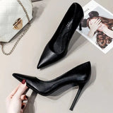 2023 New Soft Leather Black Professional High Heels Female Stiletto All-match Flight Attendant Single Shoes Work