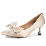 Rhinestone Bowknot Black Pumps for Women Pointed Toe Silk Stiletto Pumps Shoes Woman Satin Wedding Bride Shoes