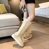 Cow Suede Knee-High Snow Boots for Women Hot Sale Winter Flat with Rubber Ladies Shoes Slip-on Round Toe Zipper
