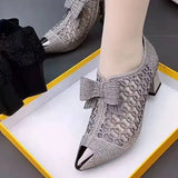 Women's Hollow Mesh Shoes 2023 Summer Women Pumps Fashion Rhinestone Square Heel Pointed Toe Zipper Bow Women Sandals Plus