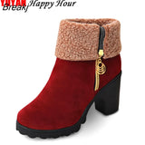 2022 Winter High Heel Boots Warm Plush Square Heels Winter Shoes Women's Boots Ladies Fashion Brand Ankle Snow Boots