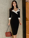 Fashion Elegant Office Lady Women Dress Sexy Retro Casual Turn-Down Collar Black Formal Slim Midi Party Pencil Femme