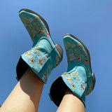 Retro Female Western Boots Wood Sole Spike Heels Pointed Toe Slip-On Floral Flower Ankle Boots Shoes Plus Size