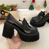 High Heels Loafers Women 2023 Autumn Patent Leather Chunky Platform Pumps Woman Slip On Black Jk Uniform Shoes Mary