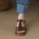 Sandals Female Middle Heel 2024 Summer Real Soft Leather Waterproof T-Shaped Buckle With Open-Toed High