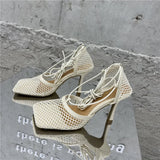 Fashion Sandals, Mesh Breathable Square Head Lace-up Women's Shoes, Women Sexy Seductive Mesh High Heels,