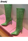 Women High Heels Shoes Crystal Rhinestone Pointed Toe Demonia Boots Stiletto Women's Knee High Boots Sexy Slip-On Botas De