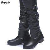 Women Leahter Knee High Boots Fashion Classic Folding Slip on Winter Autumn Casual Low Heels White Black Long Slim Boots