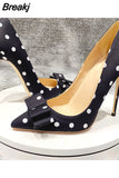 design black pumps white dot 12cm thin high heels spring summer pointed toe slip on plus 45 lady 10cm 8cm BM024