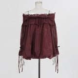 Temperament Sexy Breeze Net Yarn Shirt 2025 Summer New Lotus Leaf Side Spliced Shoulder Sexy Long-Sleeved