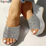 gold silver Sequine Platform Slippers Women Wedge Slides Slippers Summer Beach Slippers Casual Mules Heels