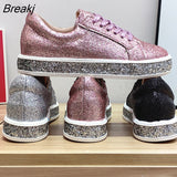 Autumn New Women Glitter Flat Sneakers Casual Female Mesh Lace Up Bling Platform Comfortable Plus Size Vulcanized