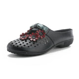 Summer New Flat Bottom Low Heel Women's Shoes National Wind Leather Flower Slippers Hollow Breathable Comfortable Hole Hole