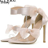 Elegant Satin Bowknot Blue Womens Sandals Summer Pointed Open Toe Thin High Heels Ankle Strap Transparent Shoes