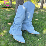 Boots Women 2023 New Fashion European Style Pointed Toe Denim Mid Calf Boots Causal Dress Street Fashion Boots