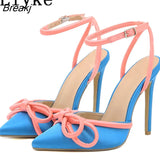 Summer Party Wedding High Heels For Women 2023 Fashion Pink Bowknot Stiletto Sandals Pointed Toe Buckle Strap Shoes