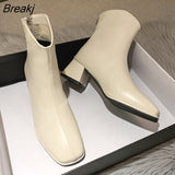 Winter Women's Boots Square Toe Solid Pu Leather Fashion Ankle Shoe Ladies Black Heels Outdoor Party Women High