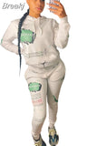 Casual Letter Graffiti Print Two Piece Sets Women Hooded Sweatshirt And Jogger Pants Tracksuits Fall Winter Outfit