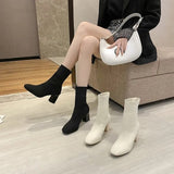 Women Over The knee High Long Boots Block High Heels Short Ankle Knitted Boots Stripper Winter Warm Sock Stretch Sexy