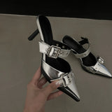 Breakj Summer ~ Pointed Belt Buckle Thin Belt Buckle Single Shoes Silver Back High Heel