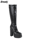 Women's Knee High Boots Crocodile Print Thick Bottom Demonia Boots Sexy Chunky Heels Female Shoe Punk Style Black Platform