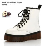 Womens Autumn Winter Ankle Boots Lace Up Flat Heels Fur Cotton Padded Platform Shoes Woman Leather Motorcycle Botas