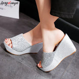gold silver Sequine Platform Slippers Women Wedge Slides Slippers Summer Beach Slippers Casual Mules Heels