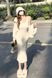 2 Piece Dress Set Woman Slim Bodycon Strap Midi Dress Party Elegant + Casual Long Sleeve Short Tops Korean Suit