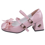 Leather High Heels Pumps Women Sweet Pink Bowknot Cosplay Lolita Shoes Woman Bride Wedding Buckle Strap Mary Jane