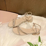 Rhinestones Women's Shoes Outdoor Summer 2023 with Low Heels Sandals for Woman Open Toe Diamond Beige One Word H